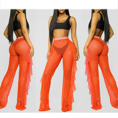 

Women Full Length Wide Leg Trousers Party Mesh Sheer Ruffle Beach Cover Up Pants