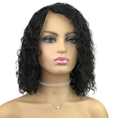 

AISOM Human Hair Lace Frontal Wig Peruvian Short Curly Wigs Natural Color 150 Density