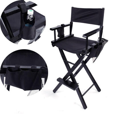 

Directors Chair 30 Inch Canvas Tall Seat Black Wood Folding Hair Stylist