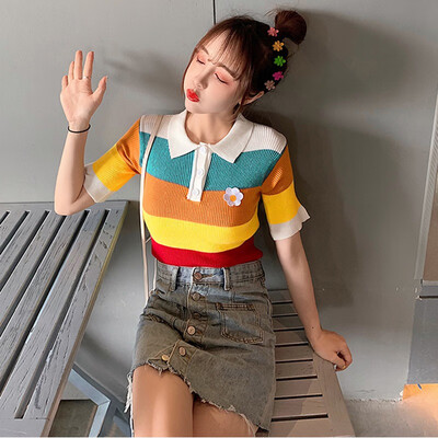 

Womens Fresh Style Turn-down Collar Contrast Color Striped Short Sleeve Knitted Polo Shirt