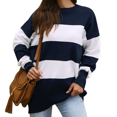 

Women Autumn Stylish Concise Casual All-match Striped Long Sleeve Loose Sweaters