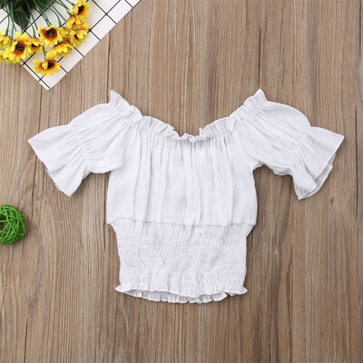 

Toddler Baby Kids Girls Ruched Candy Solid Off Shoulder Blouse Casual Tops