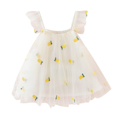 

Cute Summer Baby Girl Dress Strap Princess Pineapple Embroidery Mesh Yarn Sleeveless Sundress