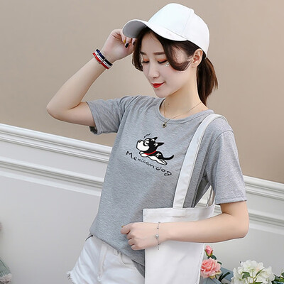 

Womens Casual Round Neck Cartoon Dog & Letters Print Short Sleeve Loose Pullover T-Shirt