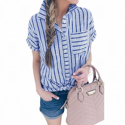 

Striped Shirt Womens Suit Collar Short Sleeve Loose Shirt