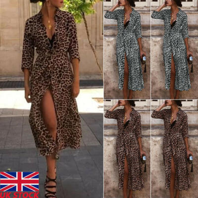 

Women Leopard Print Maxi Dress Lady Long Sleeve V Neck Party Wrap Shirt Dress UK