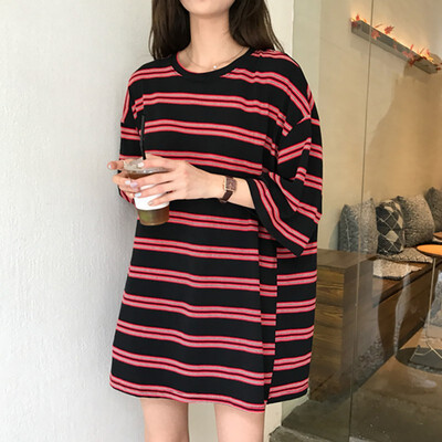 

Korean Style Women Striped O-Neck T-Shirt Casual Loose Half Sleeve Tops Summer T Shirt