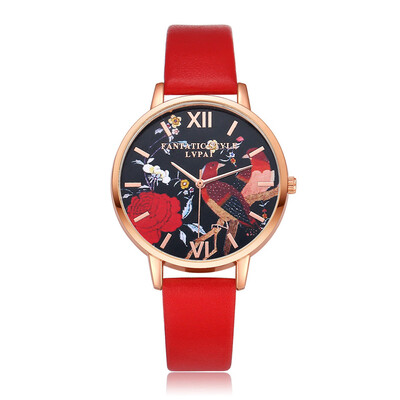 

Luxury Women Watches Red Rose Pattern Dial Ladies Quartz Wristwatch Simple Leather Strap Clock Casual Dress Relogio Feminino