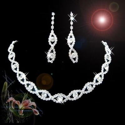

Wedding Bridal Bridesmaid Crystal Necklace Earring Slivery Jewelry GL