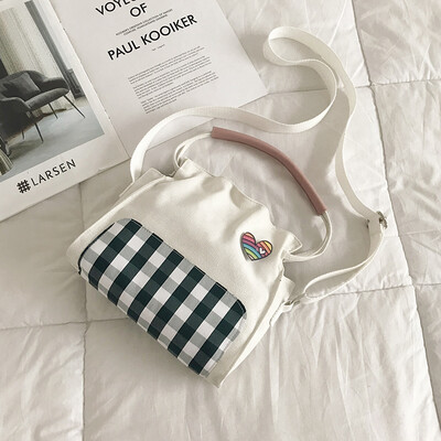 

Cartoon cute shoulder bag 2019 new style plaid portable canvas bag wild fairy slant bucket bag
