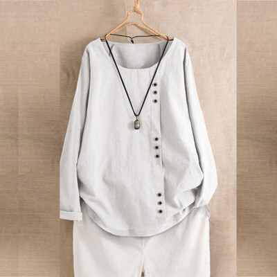 

Roseonmyhand Plus Size Women Long Sleeve Cotton Linen O-Neck Botton Blouse Top T-Shirt