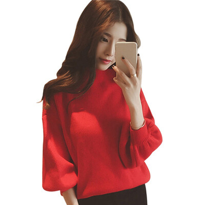 

Womens Casual Long Lantern Sleeve Loose Knitted Turtleneck Sweater Jumper Pullover Solid Tops Female 2019 Autumn New Arrival