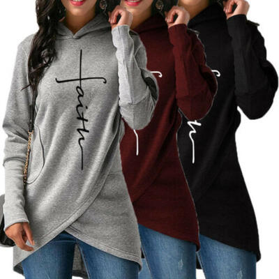 

USA Ladies Hoodie Womens Sweatshirt Faith Print Long Sleeve Jumper Top T shirt