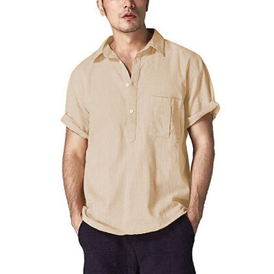 

Mens Casual Linen Short Sleeve Summer Solid Shirts Loose Dress Soft Tops Tee