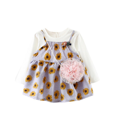 

Autumn Print Girl Dresses Kids Clothes Long Sleeve Infant Girl Cotton Princess Dress New Cute Bag 2pcs