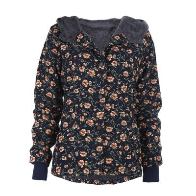 

Casual Floral Print Fleece Winter Jackets Women Pockets Parkas Plus Size