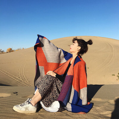 

Shawl Korean version of the autumn&winter new color block color imitation cashmere scarf female desert travel split cloak dual-use cloak