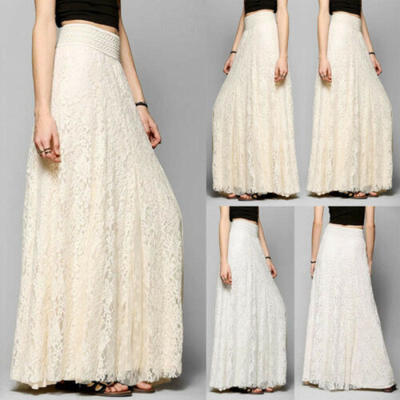 

Summer Womens Boho High Waist Skirt Double Lace Chiffon Beach Maxi Long Skirt
