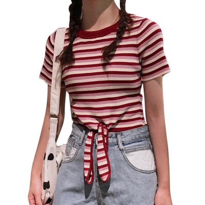 

Womens Pullover Casual Round Neck Striped Short Sleeve Slim Knitted Lace Up Crop Top