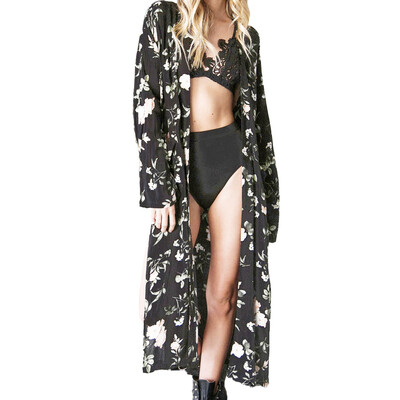 

Women Long Chiffon Kimono Cardigan Floral Beach Cover Ups Slit Hem Open Front Long Sleeves Bikini Cover Black
