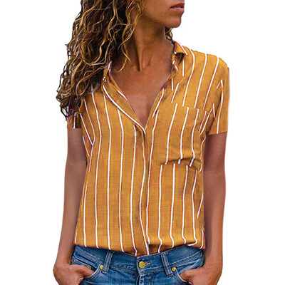 

Starmoon Women Casual Striped Printing Short Sleeve Shirt Blouse Button Down Tops