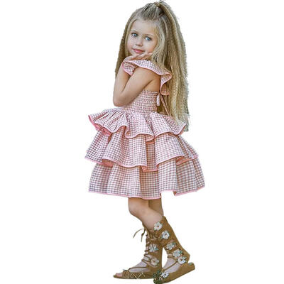 

Kids Girls Princess Tutu Dress Cute Flying Sleeve Plaid Cotton Cake Dress
