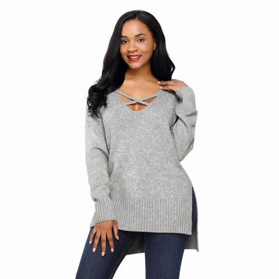 

Deep V-neck cross stitch long sleeve pullover casual knit sweater womens