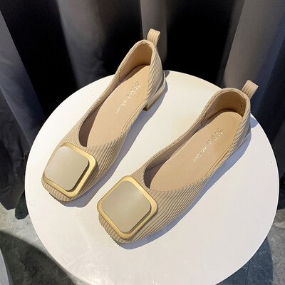 

Net red flat bottom womens shoes 2019 summer breathable soft bottom square buckle bean shoes Joker knit a pedal loafers