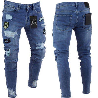 

Fashion Men&39s Ripped Skinny Biker Jeans Destroyed Frayed Slim Fit Denim Pants