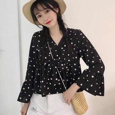 

summer female V-neck trumpet sleeves lace-up bow lotus leaf shirts womens solid color elegant blouses shirt