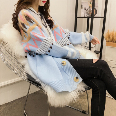 

Autumn 2018 Korean version of loose geometric color mohair in the long knit cardigan womens jacket