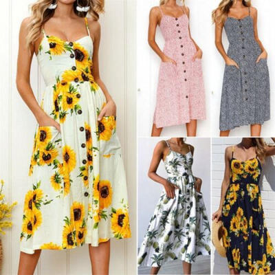 

AU Womens Holiday Strappy Button Pocket Ladies Summer Beach Midi Swing Sun Dress