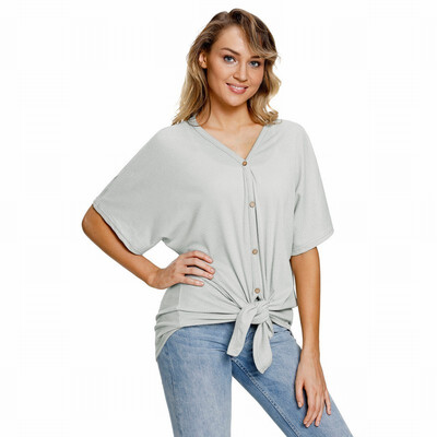 

Solid color V-neck short-sleeved single-breasted hem knotted casual straight tube top