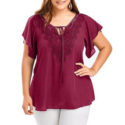 

Summer Chiffon Blouses Women Flare Sleeve Loose Lace Up V Neck Daily Tops
