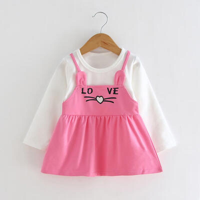 

Cute Cotton Long Sleeve Baby Girls Kids Faux Two Pieces Princess Dress