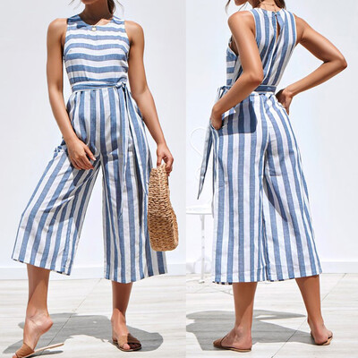 

Starmoon Women Casual High Waist Stripe Romper Sleeveless Tie Up Jumpsuit Wide Leg Pants