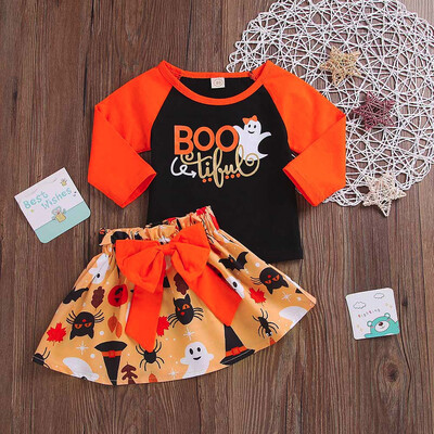

Toddler Baby Girls Patchwork Tops Pumpkin Cartoon Skirt Halloween Bowknot Sets