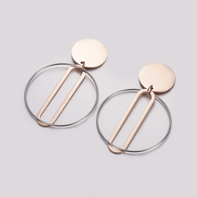 

304 Stainless Steel Dangle Stud Earrings Ring&Oval Rose Gold & Stainless Steel Color 64mm Pin 08mm
