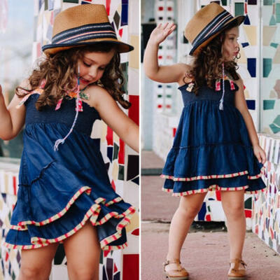 

US Toddler Kids Baby Girls Sleeveless Dress Denim Strap Party Dresses Sundress