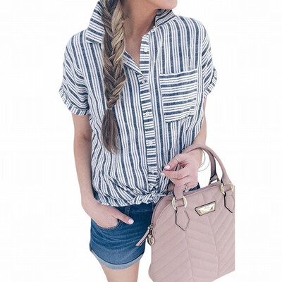 

Striped Shirt Womens Suit Collar Short Sleeve Loose Shirt