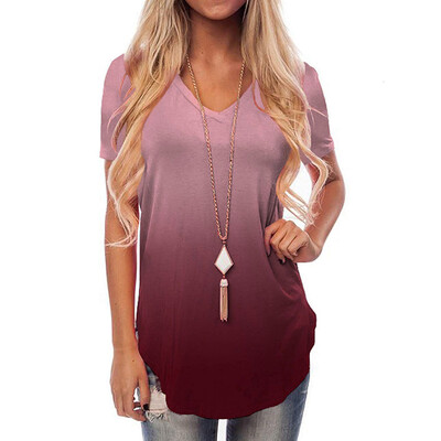 

Nomeni Womens Short Sleeve V-Neck Gradient Colour Loose Casual Tee T-Shirt Tops