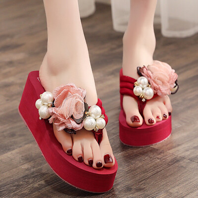 

Rose Women Girls Floral Wedges Bohemian Style Flip Flops Sandals Slippers Beach Shoes