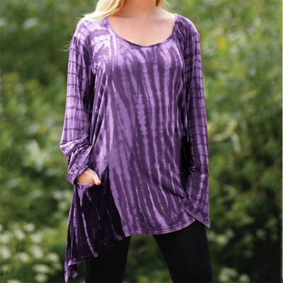 

Starmoon Women Long Sleeve Irregular Hem Round Color Gradient Long Sleeve Pocket T-shirt