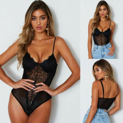 

Womens Bodycon Bodysuit Lace Lingerie Sleeveless V Neck Leotard Jumpsuit Tops