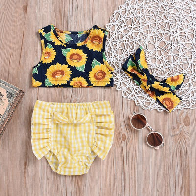 

Cute Newborn Baby Girl Sunflower Tops Vest Plaid Shorts Briefs 3Pcs Outfit Summer