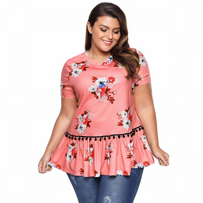 

Plus Size round neck short sleeve printed retro top