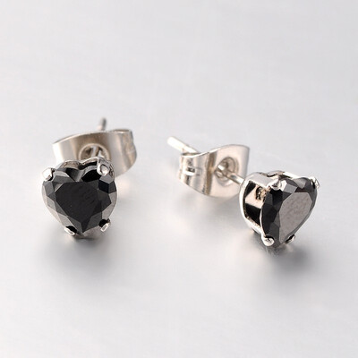 

304 Stainless Steel Pave Cubic Zirconia Ear Studs Heart Stainless Steel Color Black 8x8x5mm Pin 07mm