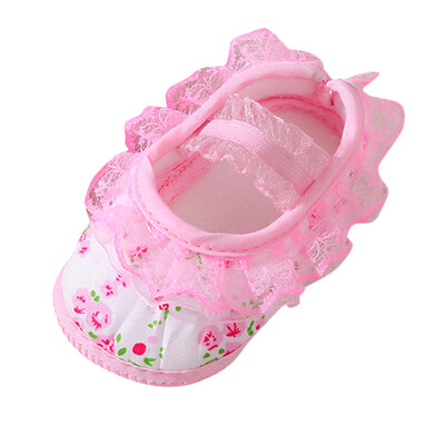 

Newborn Baby Girl Soft Shoes Soled Lace Floral Printed Footwear Crib Shoes