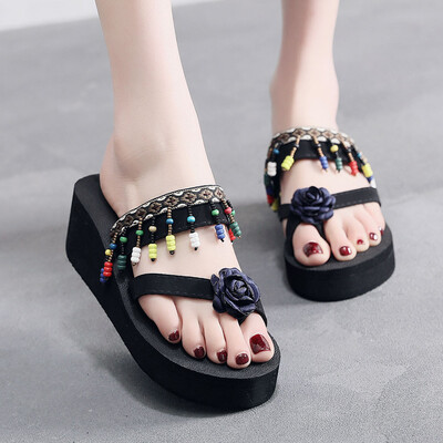 

Rose Womens High-Heel Sandals Ethnic Style Retro Beach Slope Anti-Skid Flip Flops