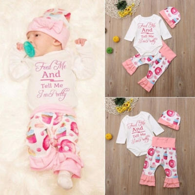 

Newborn Kids Baby Girl 3pcs Clothes Jumpsuit Romper Long Pants Hat Outfit Set